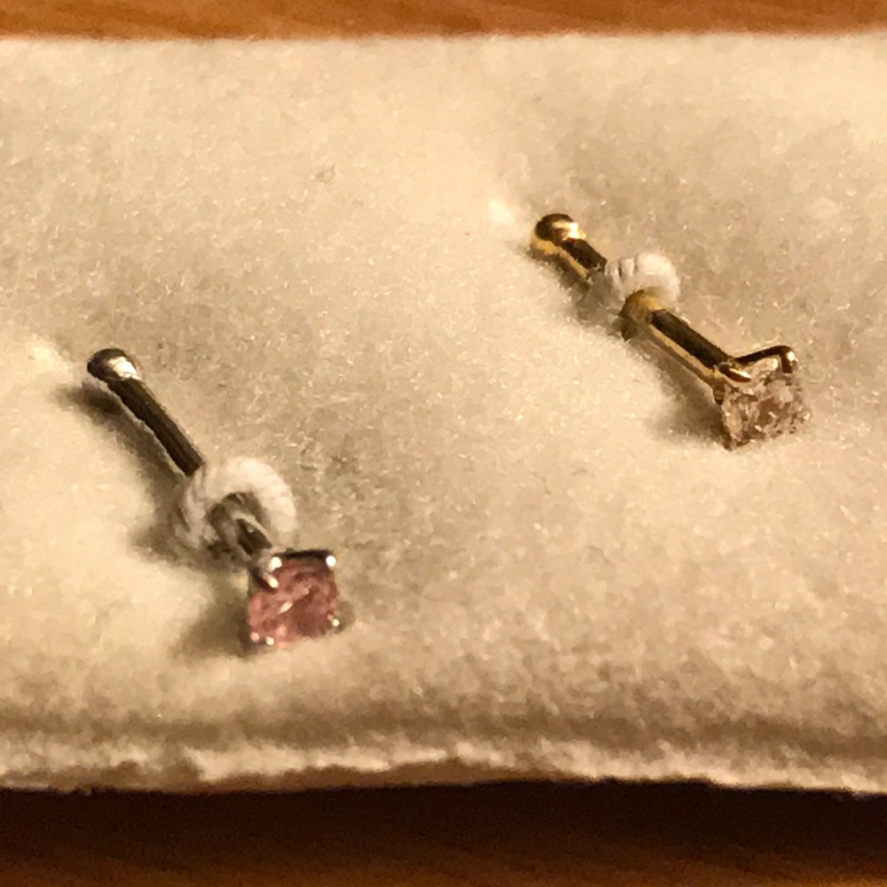 14K Gold Silver Plated Nose Ring Pink and Diamond